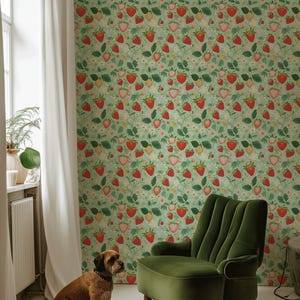 Vintage Strawberries Peel and Stick Wallpaper, Botanical Nursery Wall ...