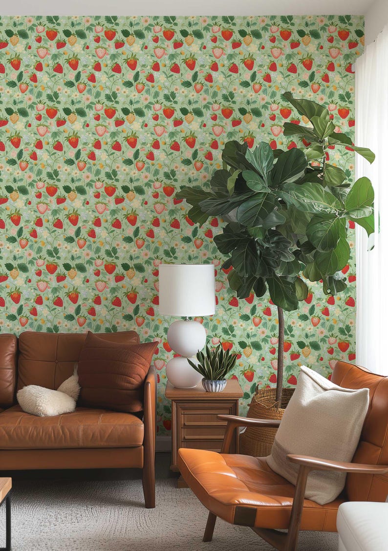 Vintage Strawberries Peel and Stick Wallpaper, Botanical Nursery Wall ...