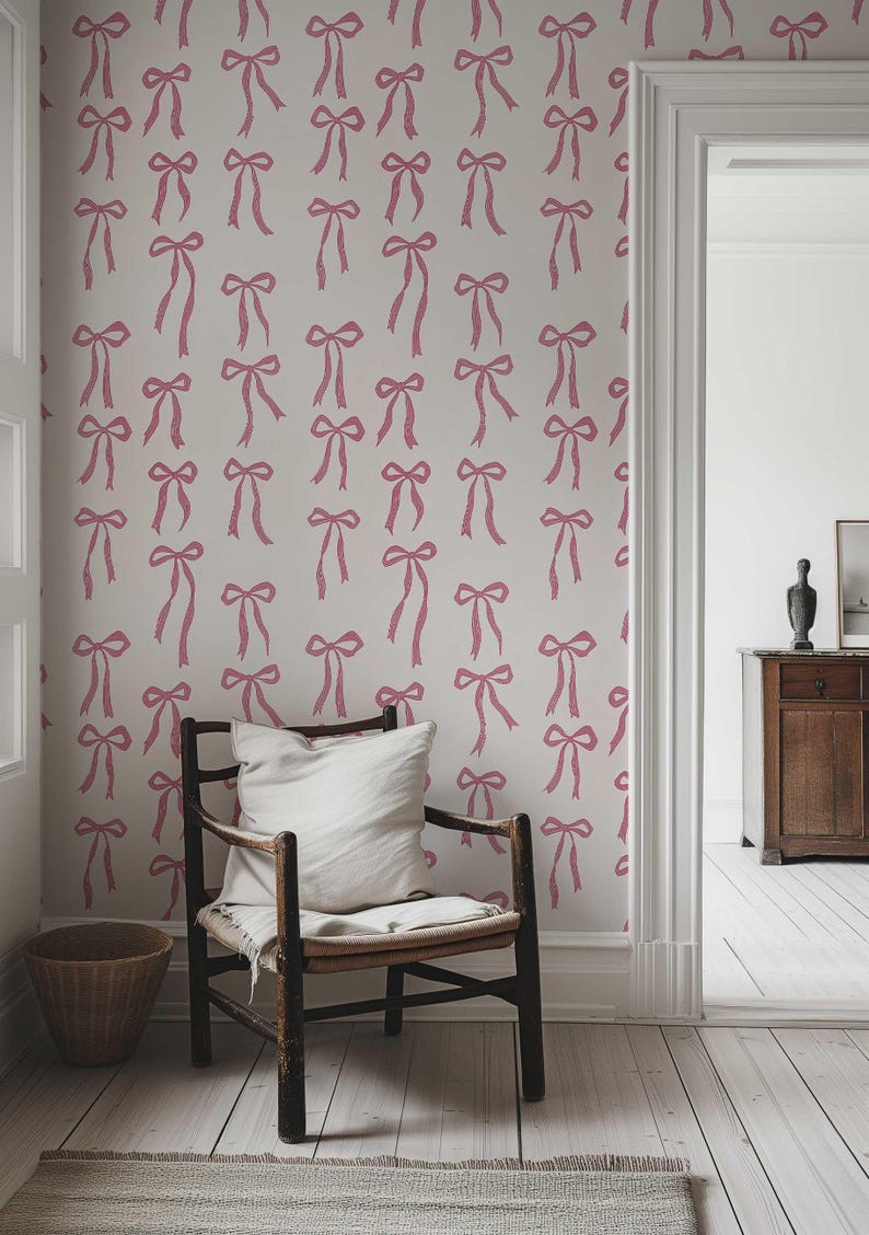 Pink Ribbon Bow Wallpaper: Coquette Nursery Decor, Peel and Stick Mural ...
