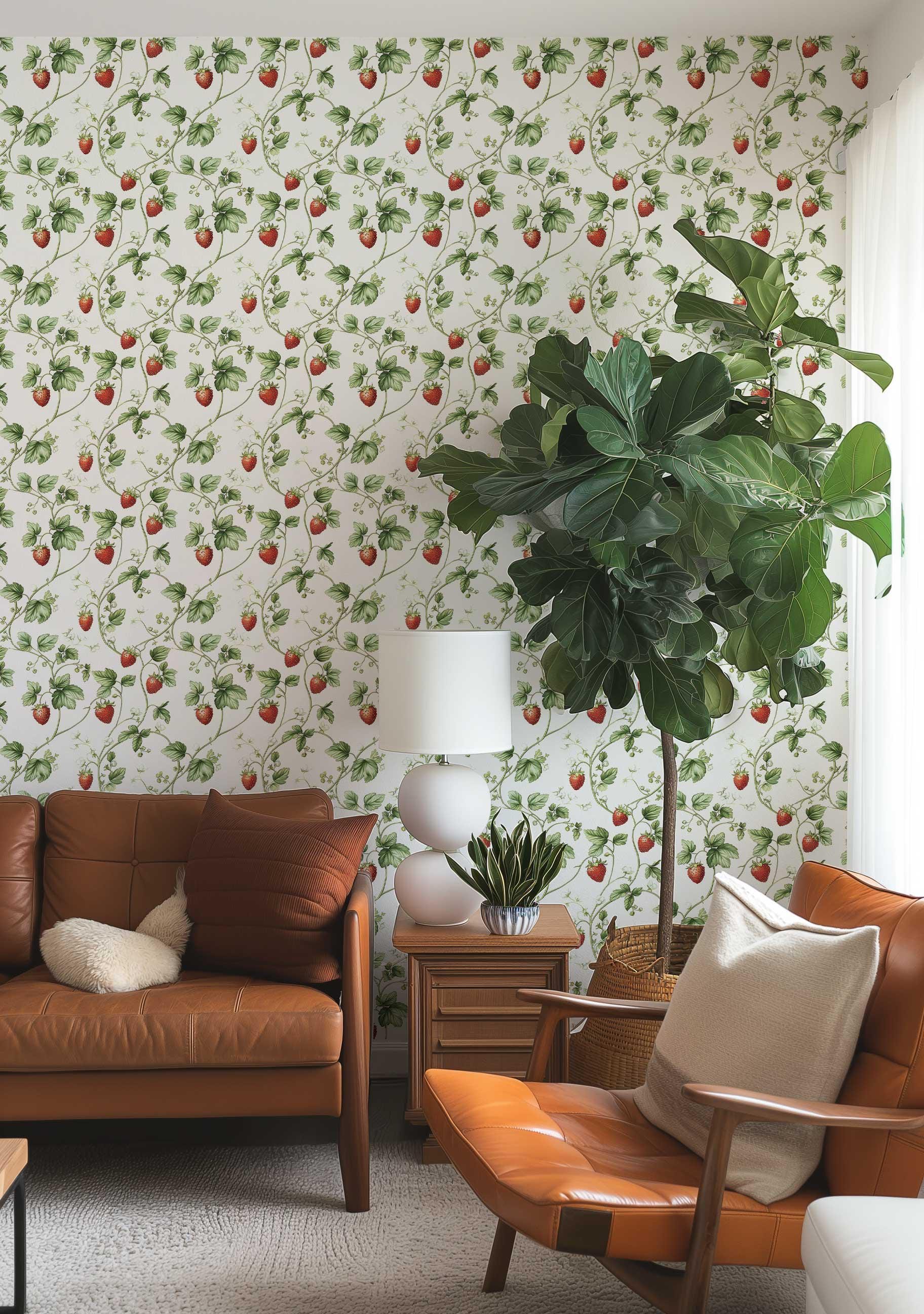Strawberry Print Wallpaper: Retro Botanical Peel and Stick Wall Mural ...