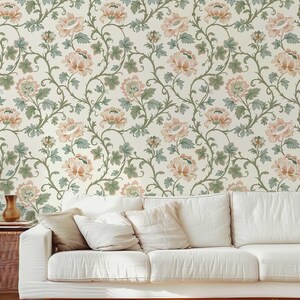 Vintage Floral Wallpaper Mural | Pink Flowers & Muted Green Leaves Vines | Victorian Peel and Stick or Traditional Wallpaper