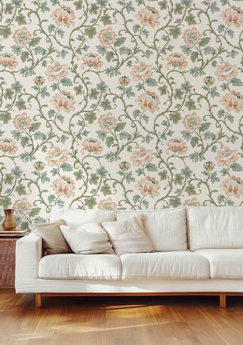 Vintage Floral Wallpaper Mural | Pink Flowers & Muted Green Leaves Vines | Victorian Peel and Stick or Traditional Wallpaper