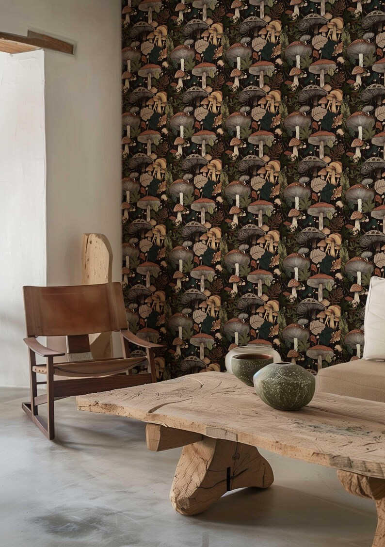Dark Mushroom Wallpaper: Vintage Botanical Peel and Stick Mural - Etsy