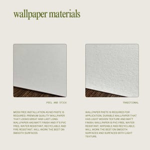 May include: Two white squares with text describing the different types of wallpaper materials. The left square is labelled "Peel and Stick" and the right square is labelled "Traditional".