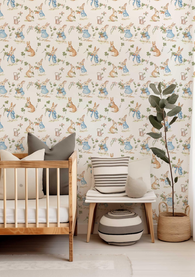 Vintage Bunny Wallpaper, Peel and Stick Rabbit Wall Mural, Cottagecore ...