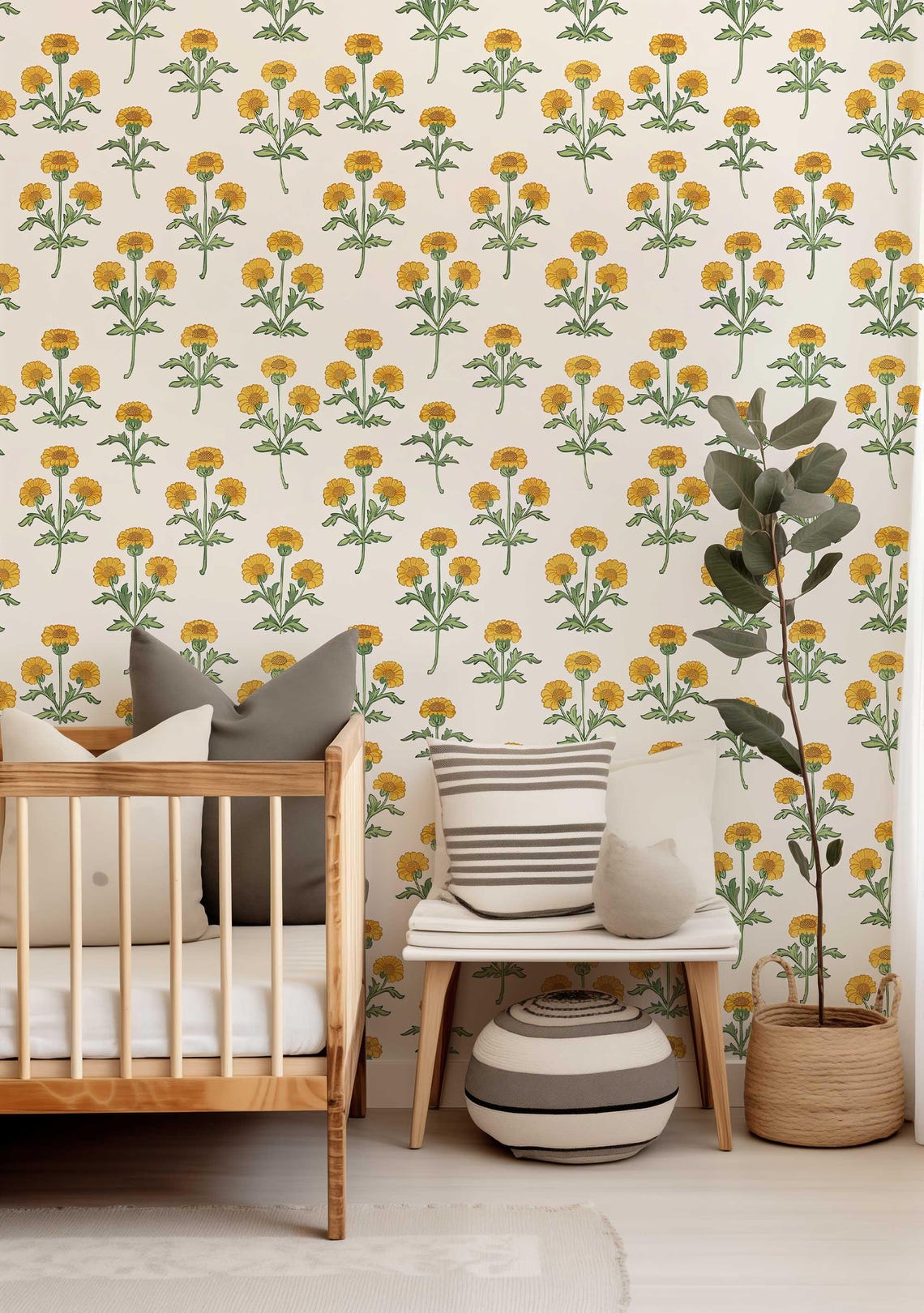 Vintage Marigold Wallpaper, Retro Floral Peel and Stick Wall Mural ...