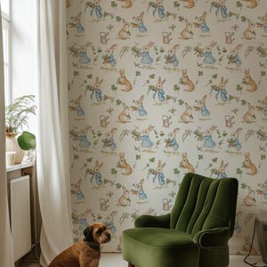 Vintage Bunny Wallpaper, Peel and Stick Rabbit Wall Mural, Cottagecore ...