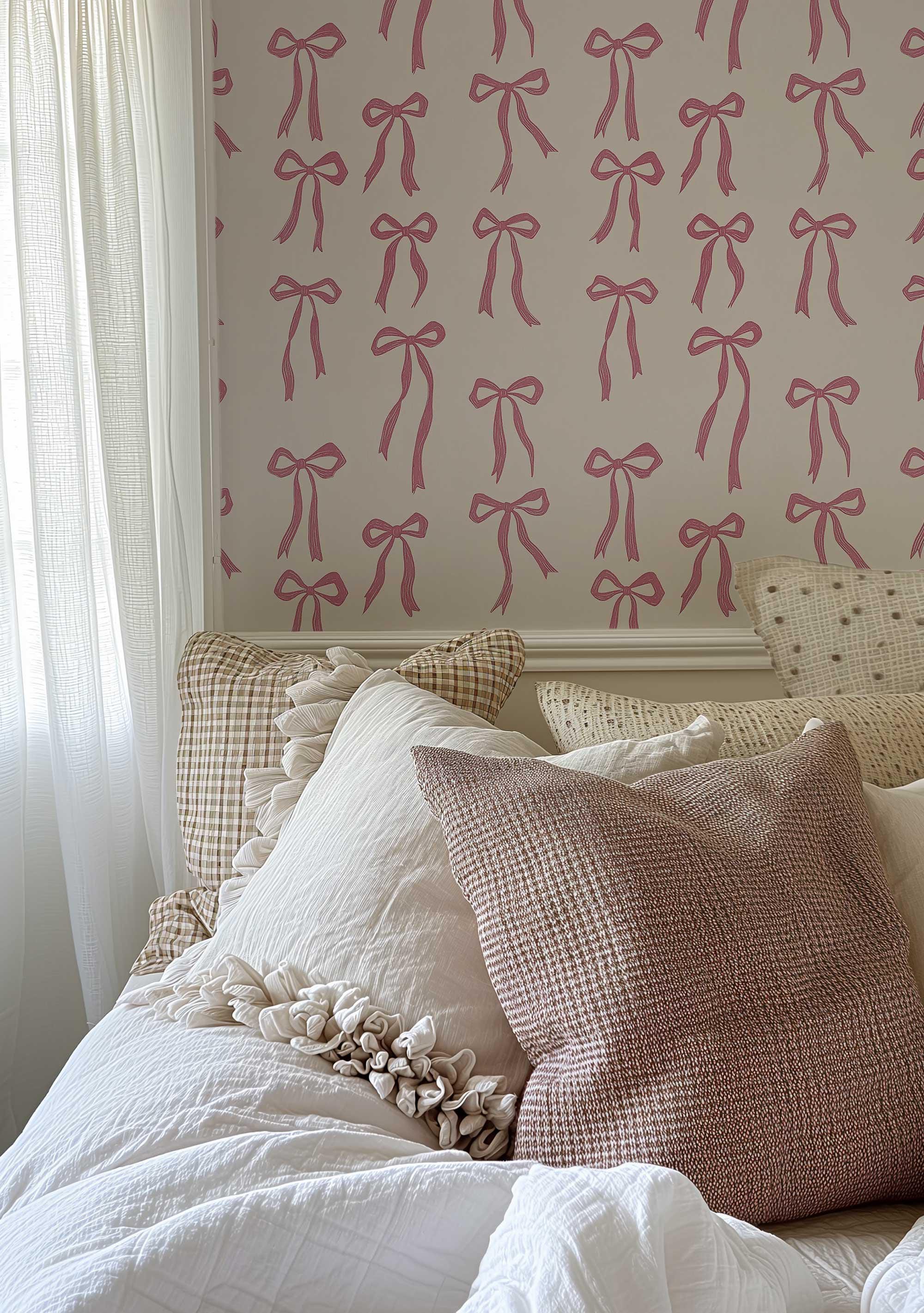 Pink Ribbon Bow Wallpaper: Coquette Nursery Decor, Peel and Stick Mural ...