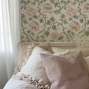 Vintage Floral Wallpaper Mural | Pink Flowers & Muted Green Leaves Vines | Victorian Peel and Stick or Traditional Wallpaper