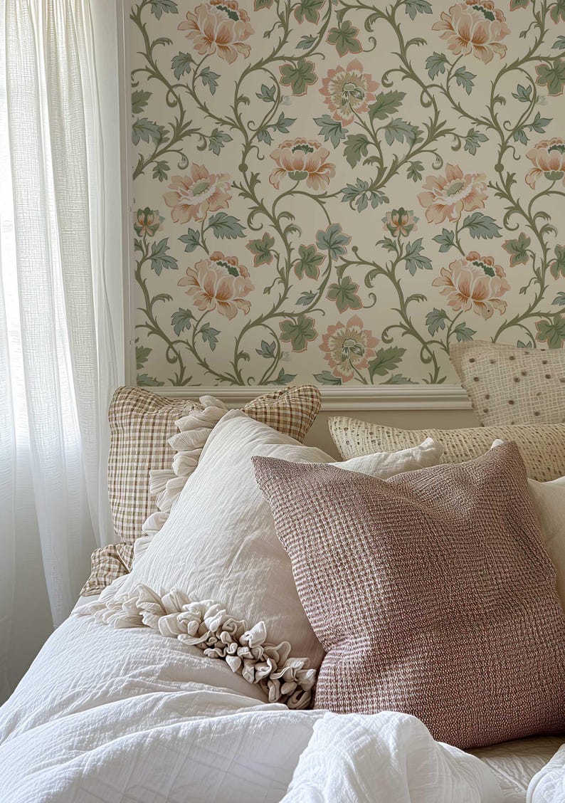 Vintage Floral Wallpaper Mural | Pink Flowers & Muted Green Leaves Vines | Victorian Peel and Stick or Traditional Wallpaper