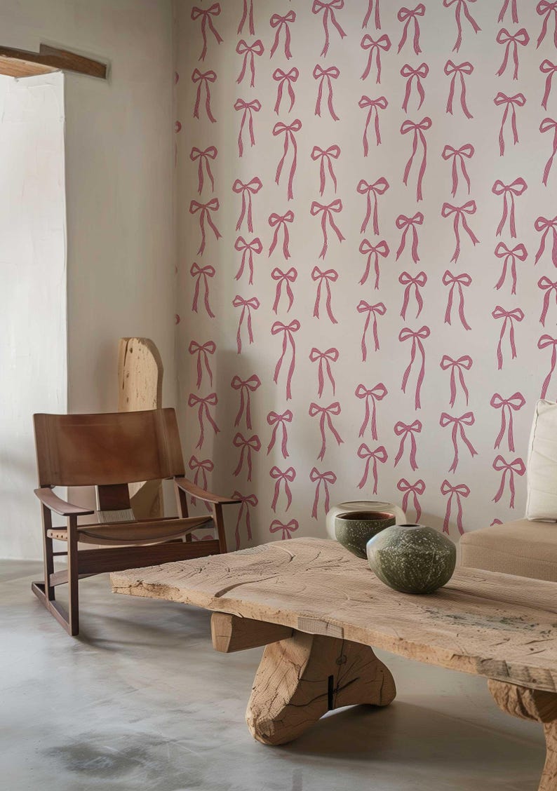 Pink Ribbon Bow Wallpaper: Coquette Nursery Decor, Peel and Stick Mural ...