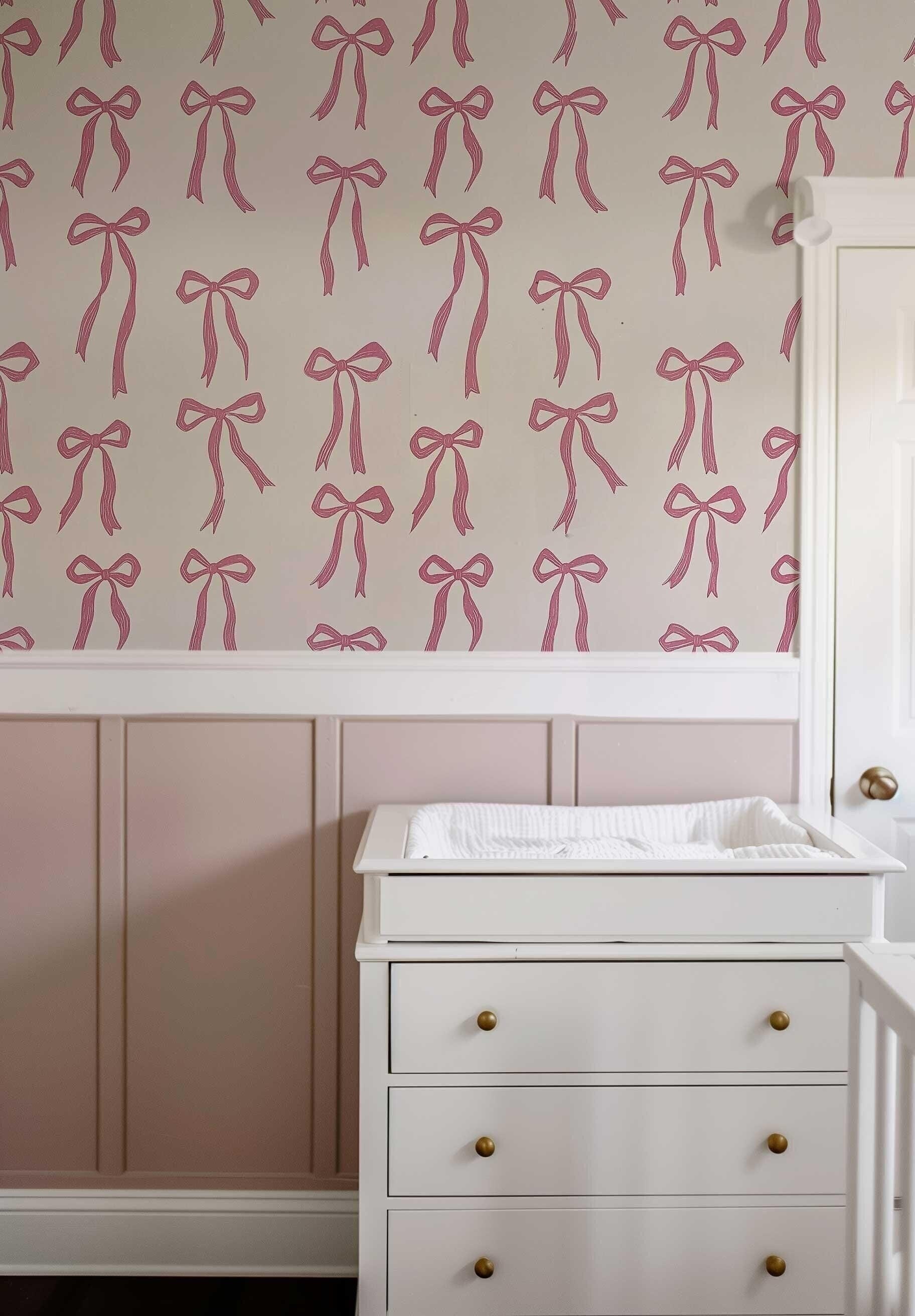 Pink Ribbon Bow Wallpaper: Coquette Nursery Decor, Peel and Stick Mural ...