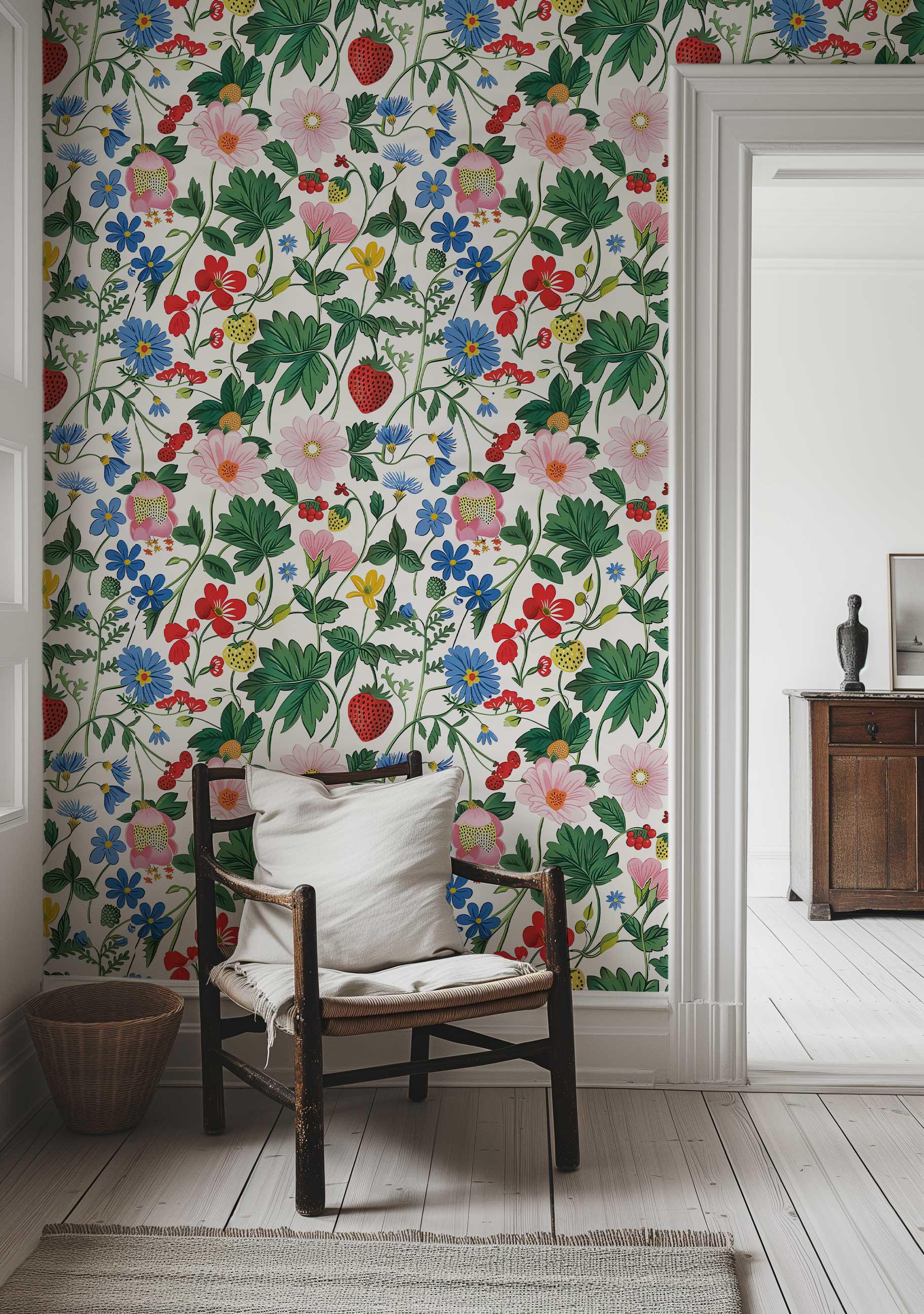 Strawberry Floral Peel and Stick Wallpaper, Vintage Botanical Wall ...
