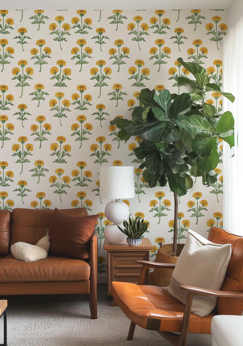 Vintage Marigold Wallpaper, Retro Floral Peel and Stick Wall Mural ...