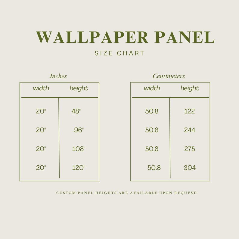 May include: A chart showing the different sizes of wallpaper panels available. The chart shows the width and height of the panels in both inches and centimeters. The chart is labeled "Wallpaper Panel Size Chart".