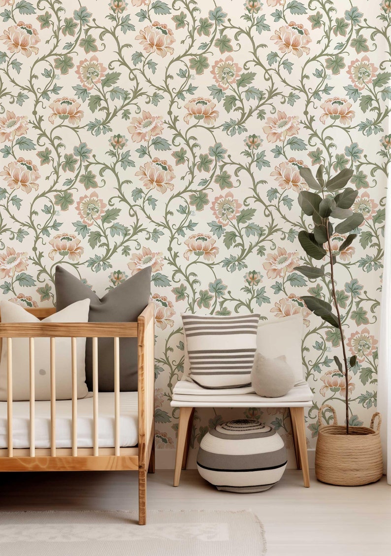 Vintage Floral Wallpaper Mural | Pink Flowers & Muted Green Leaves Vines | Victorian Peel and Stick or Traditional Wallpaper