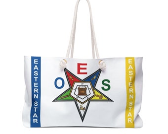 May include: White tote bag with rope handles featuring the Eastern Star emblem. The emblem is a five-pointed star with the letters OES, and the words "Eastern Star" are printed vertically on the sides. The bag has a large capacity.