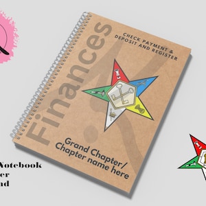 May include: A wirebound notebook with the word "Finances" printed on the cover. The cover features a star design with keys and other symbols. The notebook is 8.5 x 11 inches, with 24lb paper and 54 pages. Text on the cover reads "Check Payment & Deposit and Register".