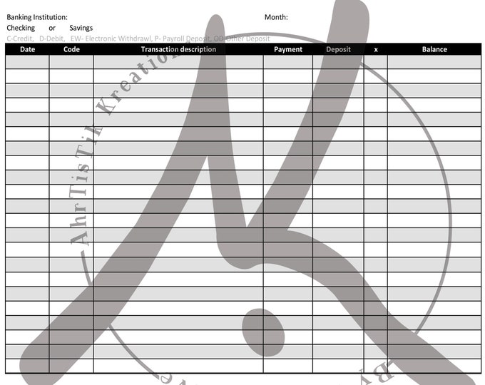 Checbook Register Printable, Check Transaction Tracker, Checkbook Log, Letter, Instant Download PDF