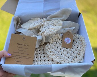 Macrame gift set for someone’s special day! Coasters, napkins, napkin holders for a beautiful table setting!