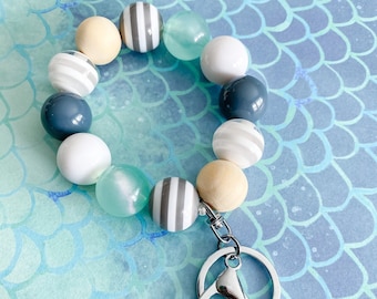 Under the Sea / Keychain Bracelet / Bracelet Keychain / Bubblegum Beads Keychain / Chunky Bead Keychain / Key Wristlet / Mermaid / Aqua