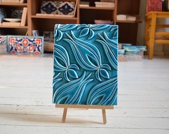 Ottoman Tulipan Blue Relief Tile Ice crack under glaze and handmade Wall tile