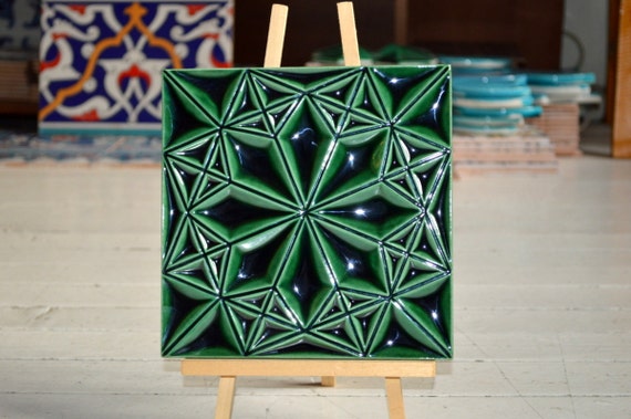 Seljuk-Green Star Relief Tile Ice crack under glaze and handmade Wall tile 8"x8" ( 20cmx20cm )