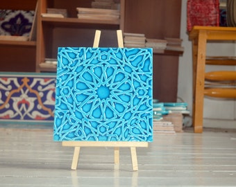 Seljuk-Blue Relief Tile Ice crack under glaze and geometric pattern Wall tile 8"x8" ( 20cmx20cm )