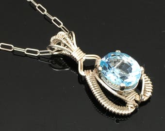 Classic Design Light Blue Topaz Charm Pendant Argentium Silver wire wrap designs by Ryan Eure