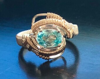 Nebula Light Blue Zircon Wire Wrapped Ring Argentium Silver and 14 Karat Yellow Gold Filled Wire Wrapped Jewelry