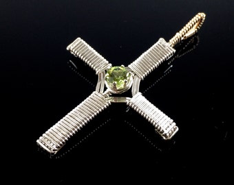 Wire wrapped Silver and Gold Peridot Cross Fine Metal Wire Wrapped Jewelry