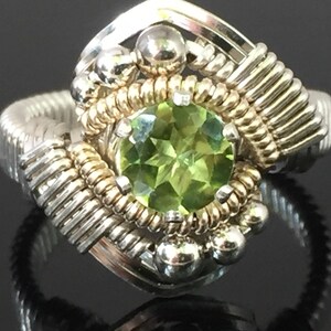 Orion Peridot Wire Wrapped Ring Argentium Silver and 14 Karat Yellow Gold Filled Wire Wrapped Jewelry image 3