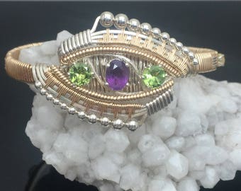 Eclipse Deco Bangle Bracelet African Amethyst Peridot Ethiopian Opal Argentium Silver 14 karat gold bangle bracelet