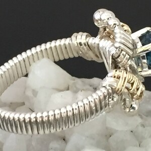 Andromeda Design London Blue Topaz Ring Argentium Silver 14 karat yellow gold filled wire wrapped jewelry image 2