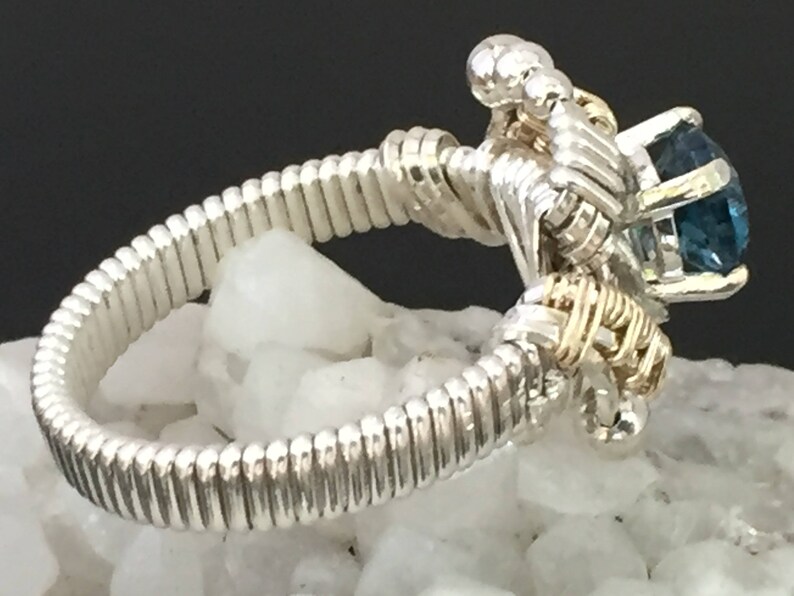 Andromeda Design London Blue Topaz Ring Argentium Silver 14 karat yellow gold filled wire wrapped jewelry image 2