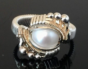 Andromeda Silver and Gold Pearl Ring Hand Made Wire Wrapped Jewelry by Ryan Eure Designs