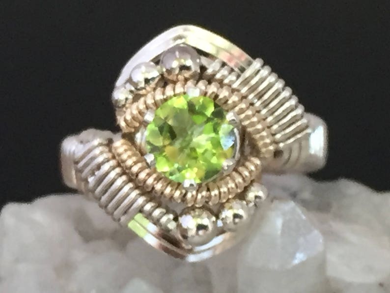 Orion Peridot Wire Wrapped Ring Argentium Silver and 14 Karat Yellow Gold Filled Wire Wrapped Jewelry image 2