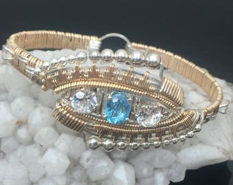 Eclipse Deco Bangle Bracelet Swiss Blue Topaz White Topaz Moonstone Argentium Silver 14 karat gold bangle bracelet