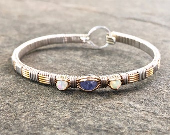 Opal and Tanzanite Three Stone Classic Gemstone Bangle Design Wire Wrap Jewelry by Ryan Eure Designs