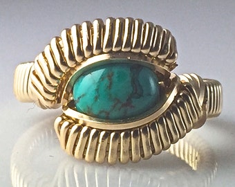Classic Chinese Turquoise Wire Wrapped Ring 14 Karat Yellow Gold Filled Wire Hand Wrapped Ring
