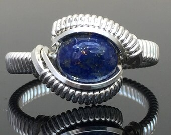 Classic Petite Lapis Lazuli Wire Wrapped Ring Argentium Silver and 14 karat yellow gold filled wire wrapped designs by Ryan Eure