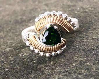 Beaded Dark Green Trillion Tourmaline Wire Wrapped Ring Argentium Silver and 14 Karat Yellow Gold Filled Wire Wrapped Jewelry