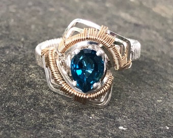 Energy Pattern Pear London Blue Topaz Pear Gemstone Ring Argentium Silver 14 karat yellow gold filled wire wrapped jewelry