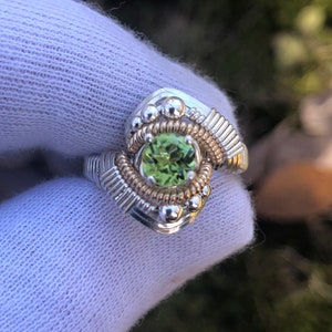 Orion Peridot Wire Wrapped Ring Argentium Silver and 14 Karat Yellow Gold Filled Wire Wrapped Jewelry image 1