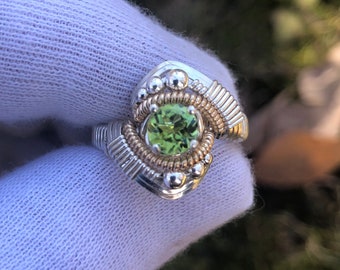 Orion Peridot Wire Wrapped Ring Argentium Silver and 14 Karat Yellow Gold Filled Wire Wrapped Jewelry