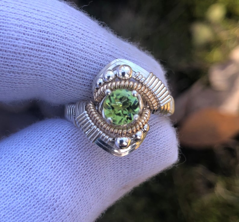 Orion Peridot Wire Wrapped Ring Argentium Silver and 14 Karat Yellow Gold Filled Wire Wrapped Jewelry image 1