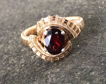 Pulse Oval Almandine Garnet Wire Wrapped Ring Argentium Silver and 14 Karat Yellow Gold Filled Wire Wrapped Jewelry