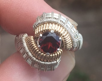 Classic Pulse mix Almandine Garnet Wire Wrapped Ring Argentium Silver and 14 Karat Yellow Gold Filled Wire Wrapped Jewelry