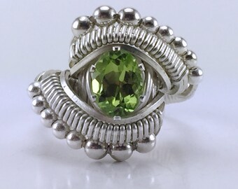 Beaded Wire Wrapped Peridot Ring Oval Gemstone