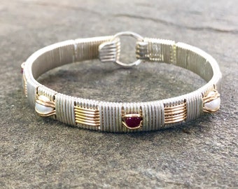 Freshwater Pearl and Ruby Elite Classic Hand Woven Bangle Gemstone Bracelet by Ryan Eure Designs